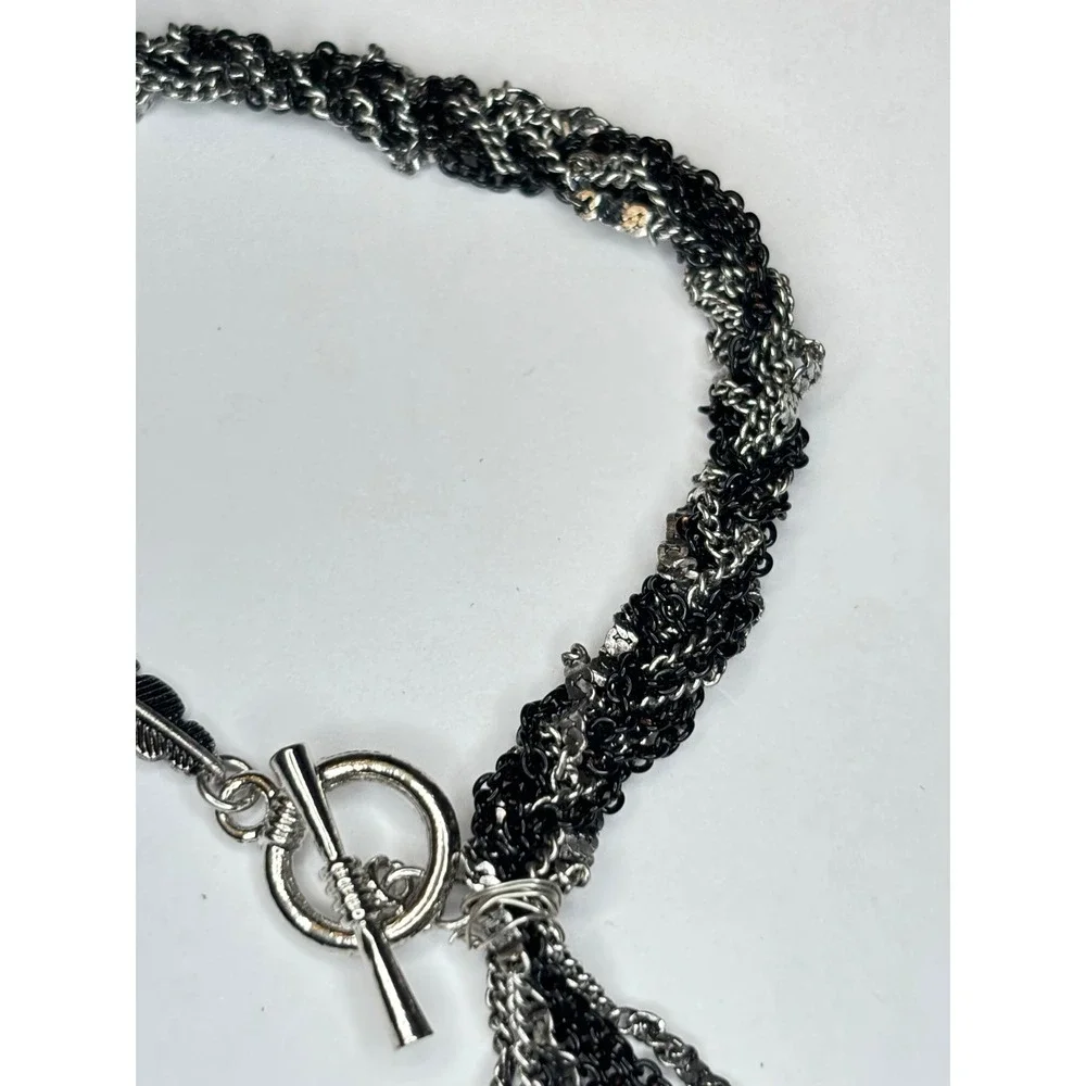 Mixed Metal Feather Tassel Bracelet Silver Black Multi Strand Toggle Clasp 6.75